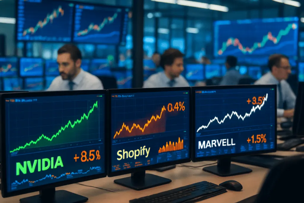 découvrez les dernières tendances du marché boursier avec une forte hausse des actions de nvidia, shopify et marvell. restez informé des mouvements clés et des opportunités d'investissement d'aujourd'hui.