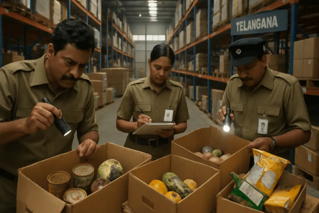 inspection spéciale au telangana révèle la présence d'aliments périmés dans de grands entrepôts de commerce en ligne, soulevant des préoccupations sanitaires majeures.